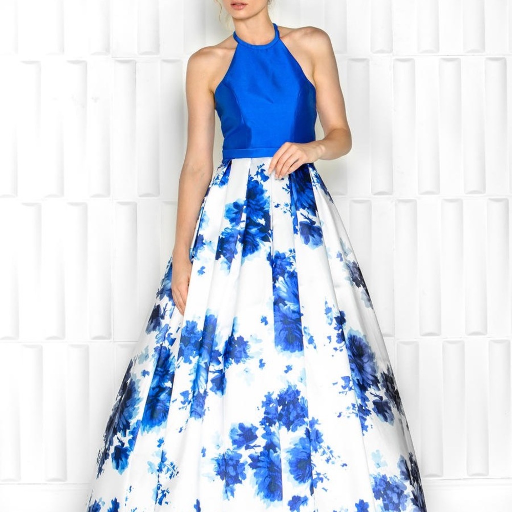 Blue and White Sleeveless Halter A-line Dress for Prom
